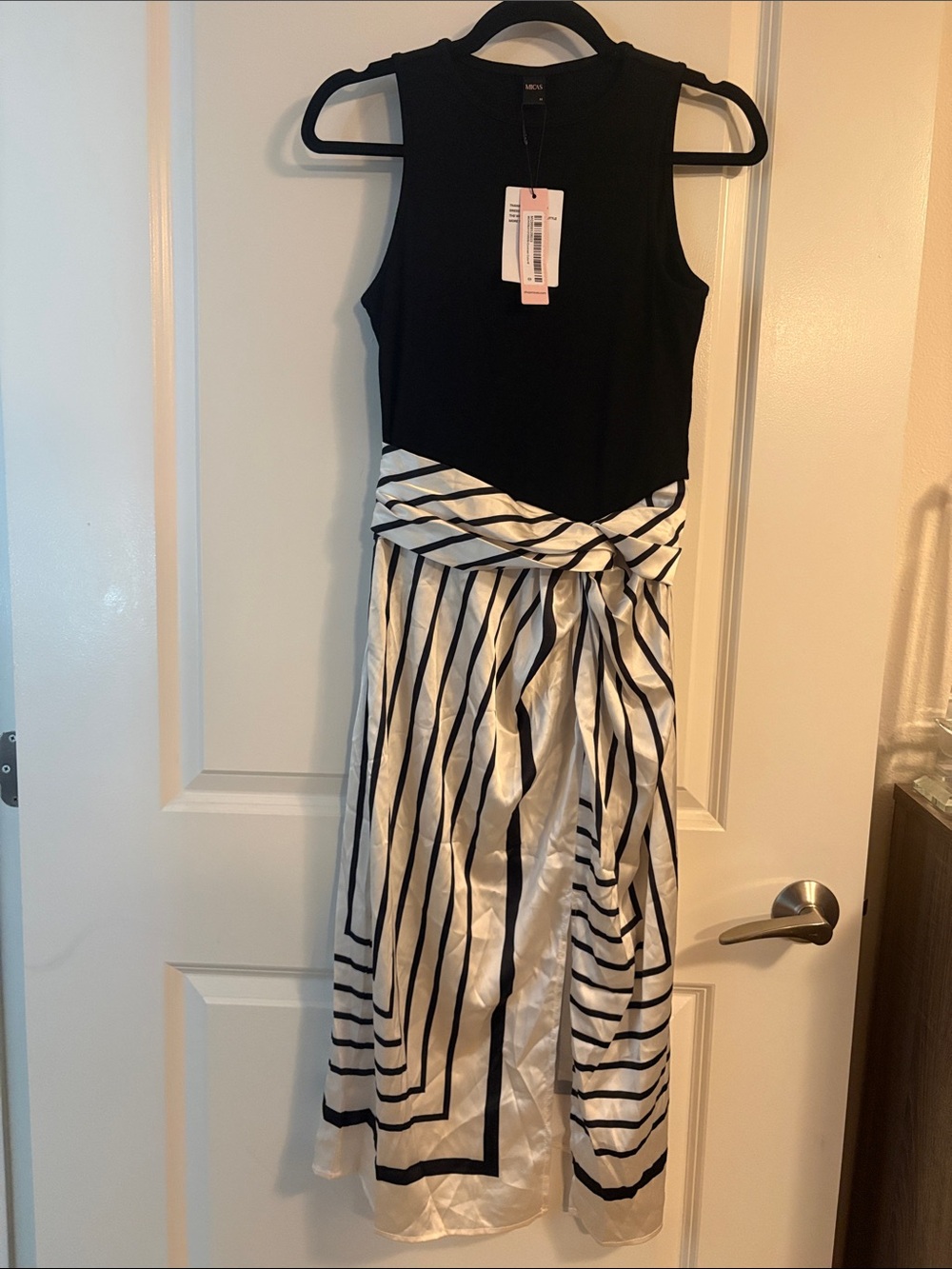 Micas Sleeveless Black Bodice Midi Dress with Striped White Skirt